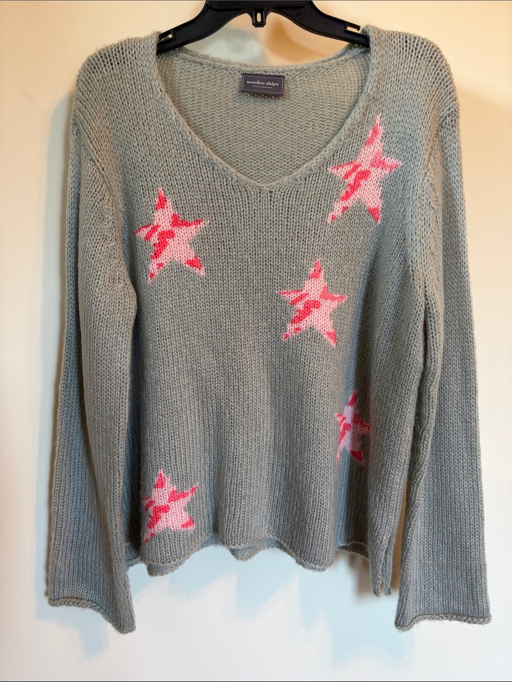 Wooden Ships Pink Star Sweater M/L Gray Mohair Wool V Neck Lightweight Knit